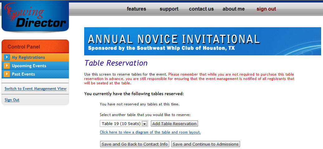 Registration Table Reservations List screenshot